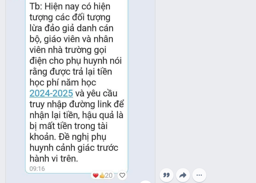 Thông báo của một nhà trường tới các phụ huynh về việc mạo danh lừa đảo liên quan đến học phí. Ảnh: Hà Nội Mới