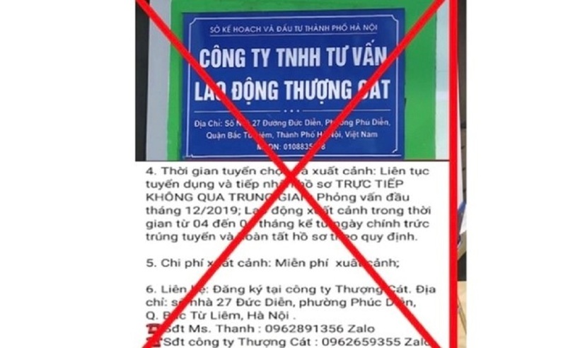 Cảnh báo thủ đoạn giả mạo giấy tờ công ty xuất khẩu lao động để lừa đảo. Ảnh: Công an Hà Nội.