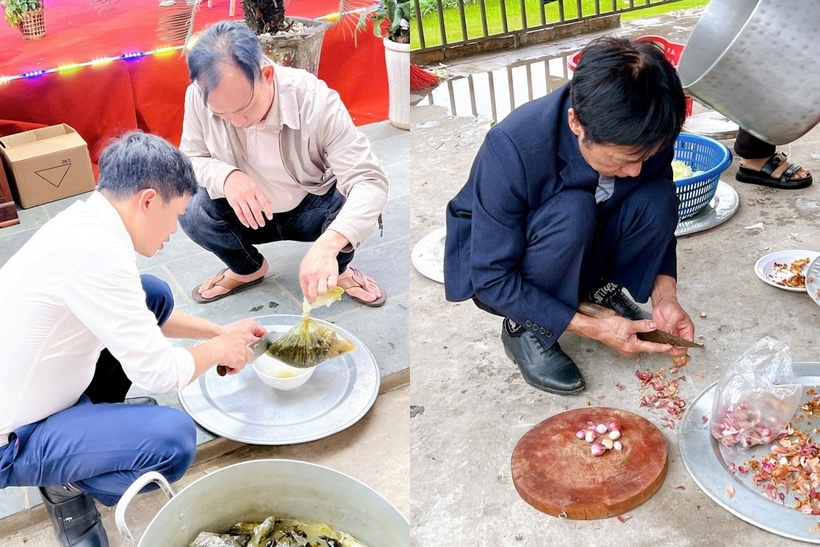 Đàn ông trong xóm xung phong nấu cỗ, hội chị em thì thảnh thơi tán gẫu, hát karaoke. Ảnh: Vietnamnet.