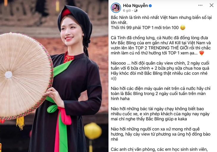 Hòa Minzy nhờ cả nước "cày view" cho MV Bắc Bling. Ảnh chụp màn hình