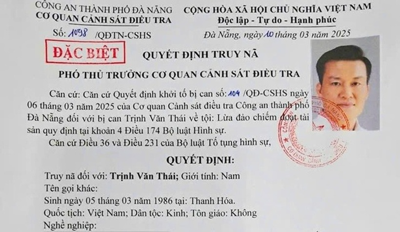 Công an Đà Nẵng phát lệnh truy nã đối với Trịnh Văn Thái. Ảnh: Người lao động