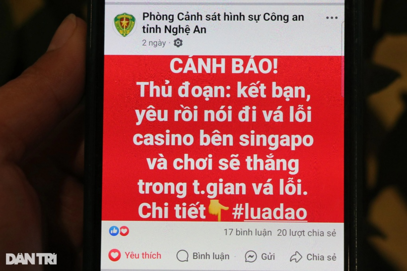 Thông tin cảnh báo về hình thức lừa đảo "vá lỗi casino" được đăng tải trên trang Fanpage Phòng Cảnh sát hình sự Công an tỉnh Nghệ An. Ảnh: Dân Trí