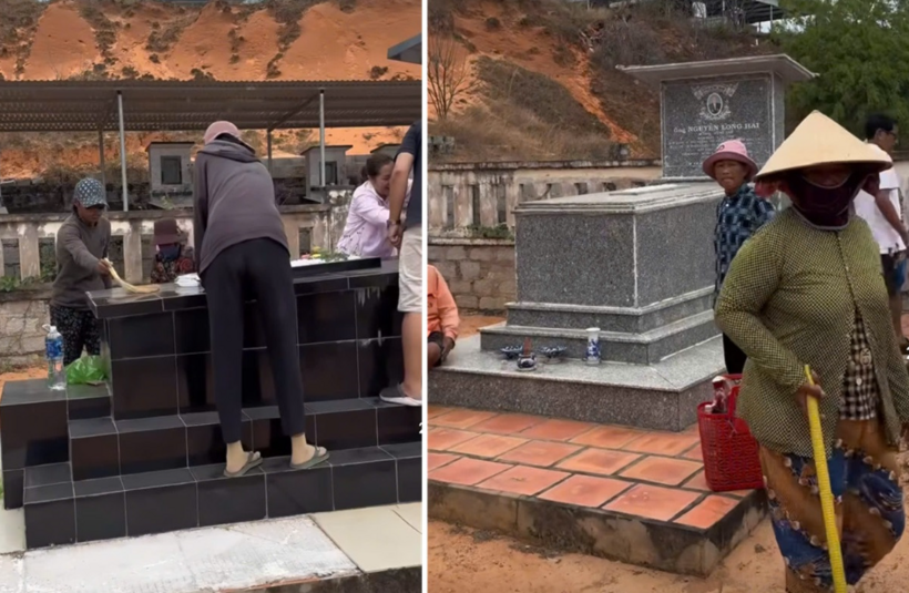 Nhóm người được cho có hành vi "xin đểu" tiền quét dọn mộ. Ảnh cắt từ clip/Vietnamnet