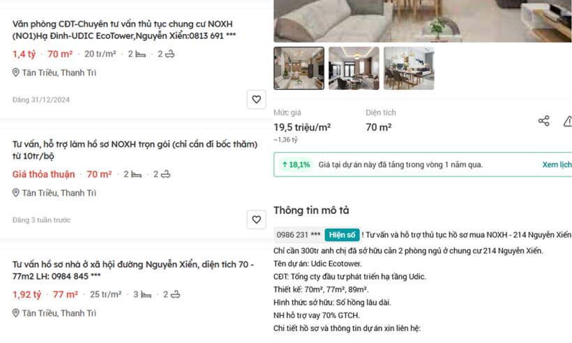 Cùng một dự án NOXH chưa mở bán, có nhiều tin đăng quảng cáo tư vấn làm thủ tục mua với nhiều mức giá khác nhau, giao động từ 19-25tr/m2.