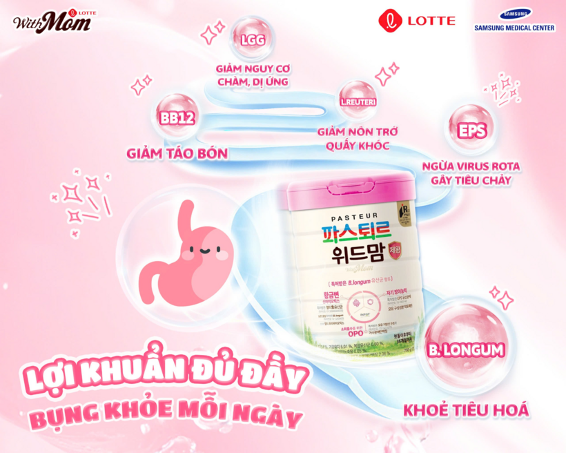 Withmom Cesar chứa nhiều chủng lợi khuẩn hỗ trợ tiêu hoá bé tối đa.