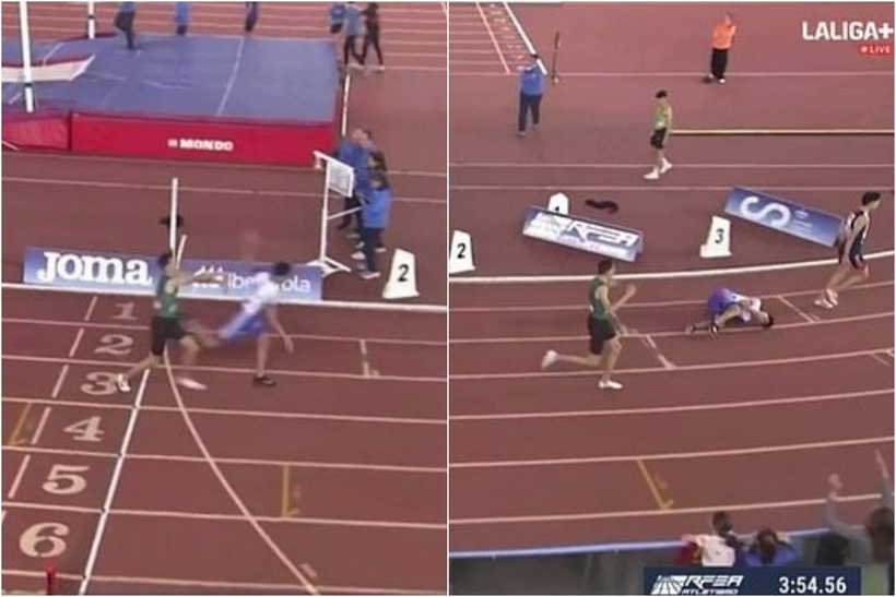 Cú đẩy mạnh đã khiến Lopez mất thăng bằng và ngã xuống sàn. Ảnh: Thể thao Văn hóa.