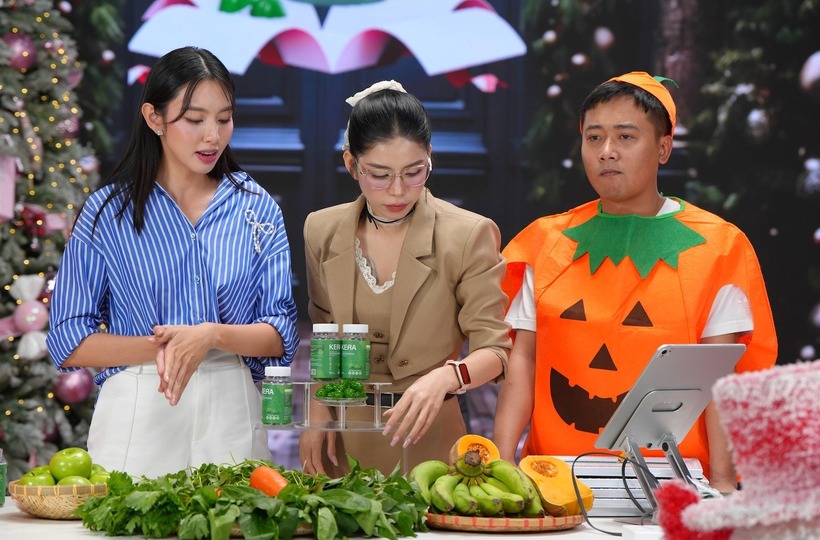 Sản phẩm viên kẹo rau củ Kera được team “Chị em rọt” gồm Hoa hậu Thùy Tiên, Tiktoker Hằng Du Mục và Quang Linh Vlogs quảng cáo. Ảnh: Vietnamnet.