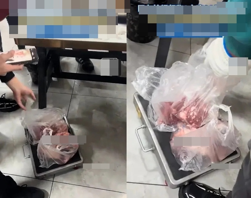 Chủ nhà hàng đặt 4 túi thịt mà khách cố tình ăn trộm lên bàn cân trước sự chứng kiến của nhân viên. Ảnh: Vietnamnet.