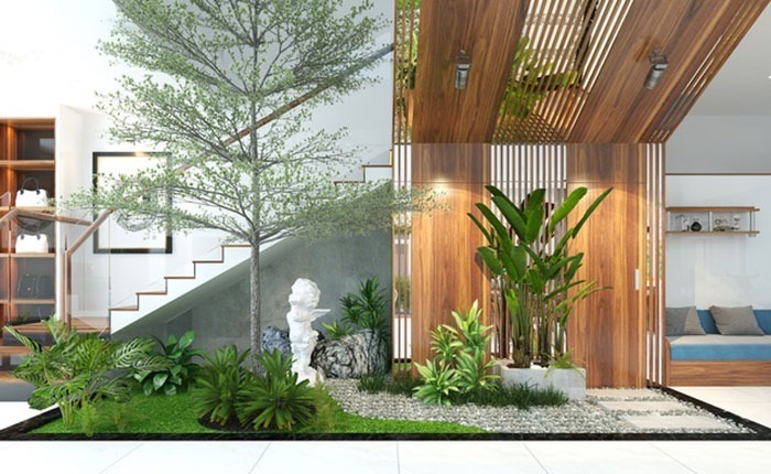 Giếng trời không chỉ đóng vai trò lấy sáng, thông gió mà còn là nơi lý tưởng để thiết kế tiểu cảnh.