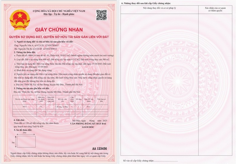 Mẫu sổ đỏ mới được Bộ Tài nguyên và Môi trường giới thiệu trong dự thảo thông tư để lấy ý kiến thời điểm tháng 5/2024. Ảnh: Tuổi Trẻ
