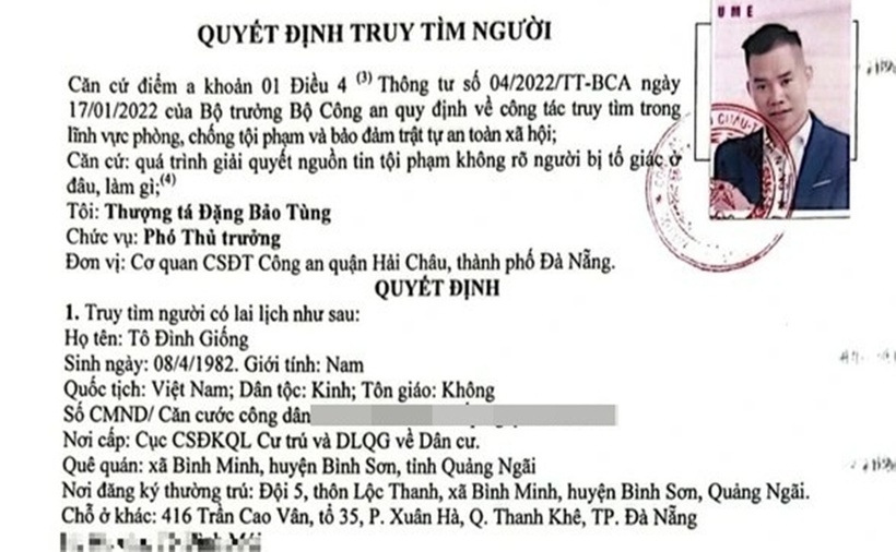 Tô Đình Giống bị Công an quận Hải Châu (thời điểm chưa giải thể) ra quyết định truy tìm. (Ảnh: VOV)