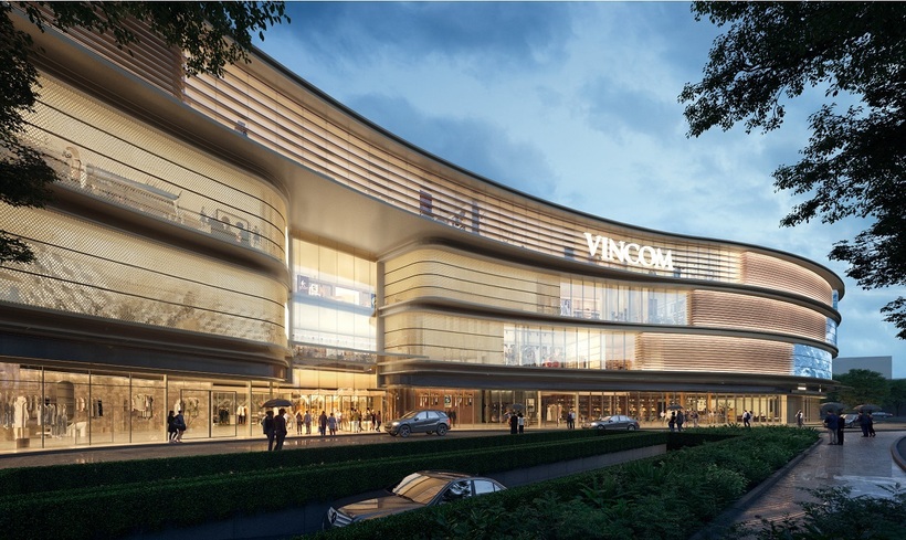 Vincom Mega Mall Vũ Yên sở hữu kiến trúc uốn cong hiện đại, nổi bật giữa khung cảnh tráng lệ của “đảo thượng lưu”