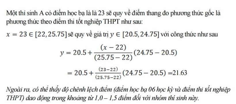 Ví dụ hướng dẫn quy đổi điểm trúng tuyển tương đương. Ảnh: Dân trí