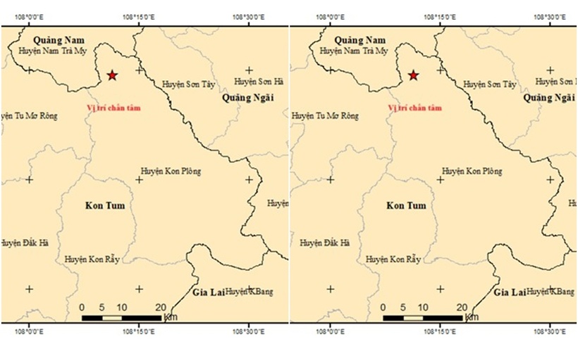 Vị trí tâm chấn, huyện Kon Plông. (Ảnh: Trung tâm báo tin động đất cảnh báo sóng thần)