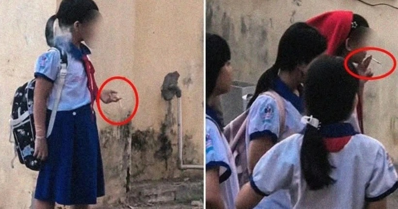 Nhóm học sinh tiểu học hút thuốc gây xôn xao. Ảnh: Dân trí