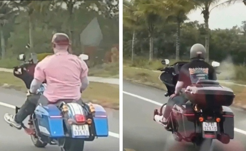 Vừa điều khiển mô tô phân khối lớn, vừa thả cả hai tay trên đường Võ Chí Công, Quảng Nam. (Ảnh: Người lao động)