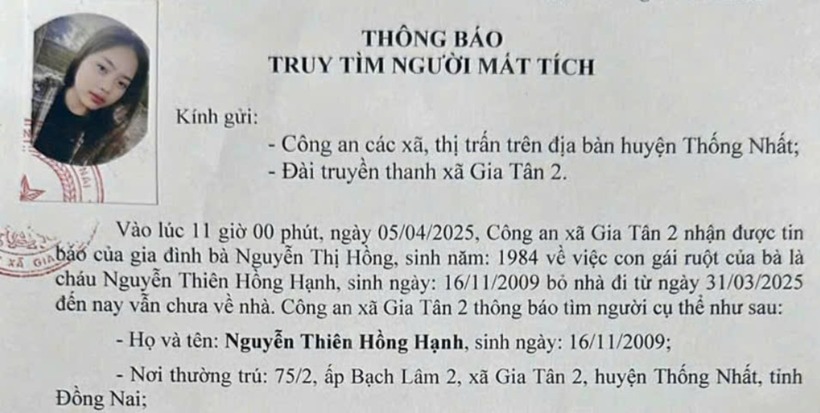 Hiện cơ quan chức năng đang phối hợp với gia đình tìm kiếm thiếu nữ 16 tuổi được cho là bỏ nhà đi, không liên lạc được. Ảnh: Vietnamnet