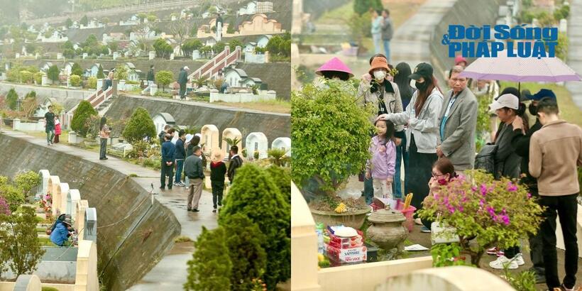 Dù thời tiết có mưa phùn, nhiều gia đình vẫn chuẩn bị lễ tươm tất thăm phần mộ người thân