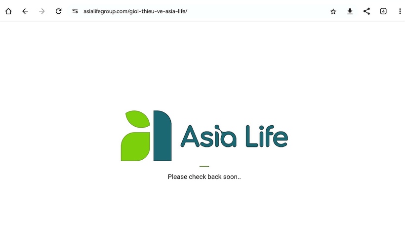 Website chính thức của CTCP Asia Life treo biển "Please check back soon". Ảnh chụp màn hình.