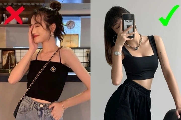 Những cô nàng bắp tay to nên tránh diện áo hai dây quai mảnh.