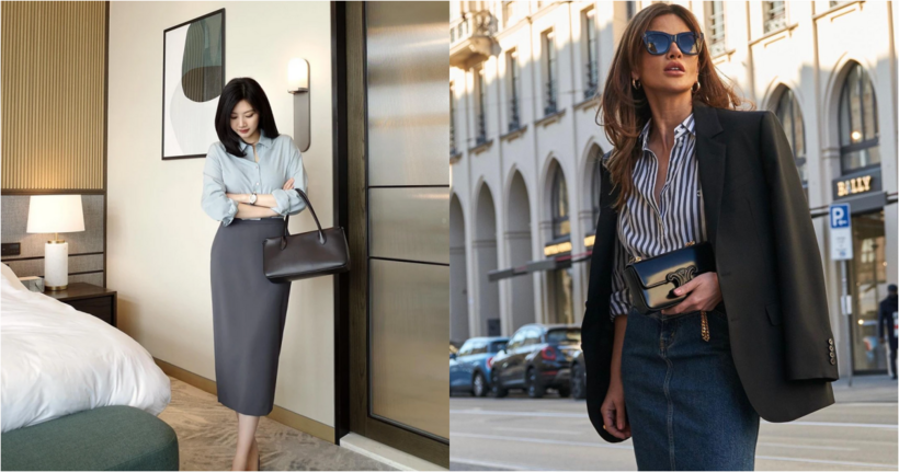 Chân váy bút chì kết hợp áo sơ mi và blazer.