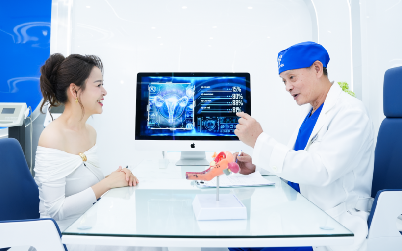 Bác sĩ Vũ Trọng Tiến với nụ cười rạng rỡ trò chuyện cùng diễn viên Diễm Hương, tạo nên một khoảnh khắc thân mật và đầy ấm áp