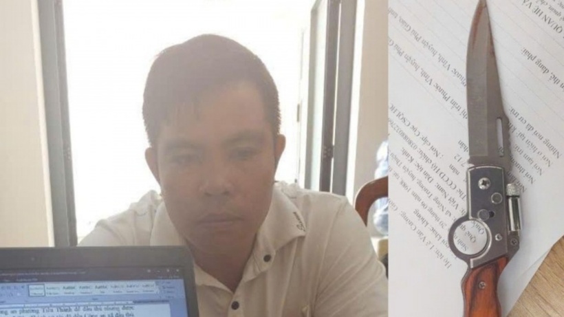 Lê Văn Cường  cùng con dao gây án. Ảnh: Công an nhân dân.