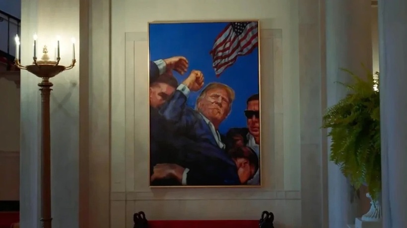 Bức tranh mô phỏng lại khoảnh khắc ông Trump bị ám sát hụt. Ảnh: Nhà Trắng/Dân trí