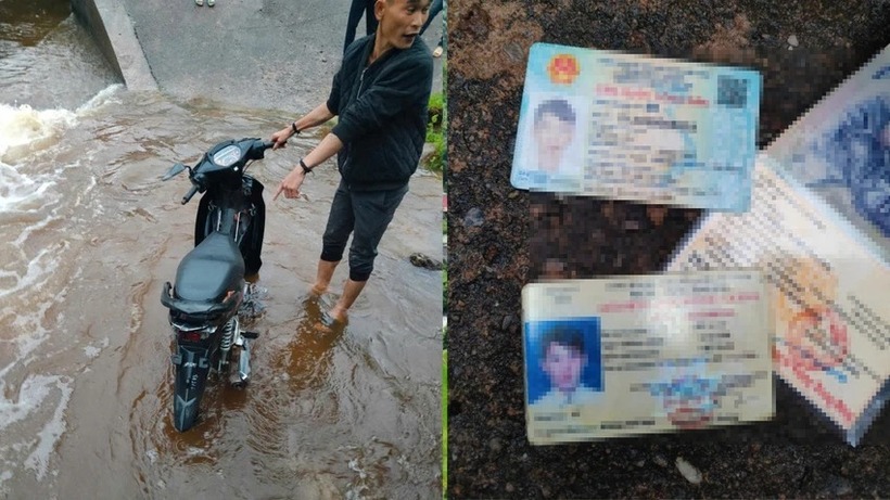 Chiếc xe máy và danh tính một trong hai người mất tích. Ảnh: PLO.