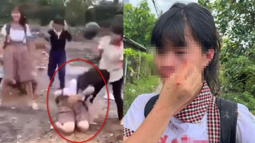 Học sinh Ng. bị nhóm nữ sinh dùng mũ bảo hiểm đánh liên tục vào đầu, đá vào mặt. Ảnh: Báo Công an Nhân dân.