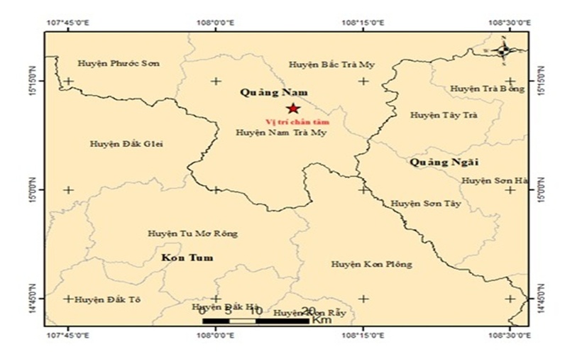 Bản đồ tâm chấn tâm động đất. (Ảnh: Trung tâm Báo tin động đất và Cảnh báo sóng thần)