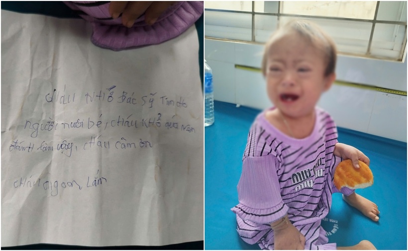 Bé gái bị mẹ bỏ rơi kèm mẩu giấy viết "nhờ bác sĩ tìm người nuôi". (Ảnh: Báo Gia Lai)