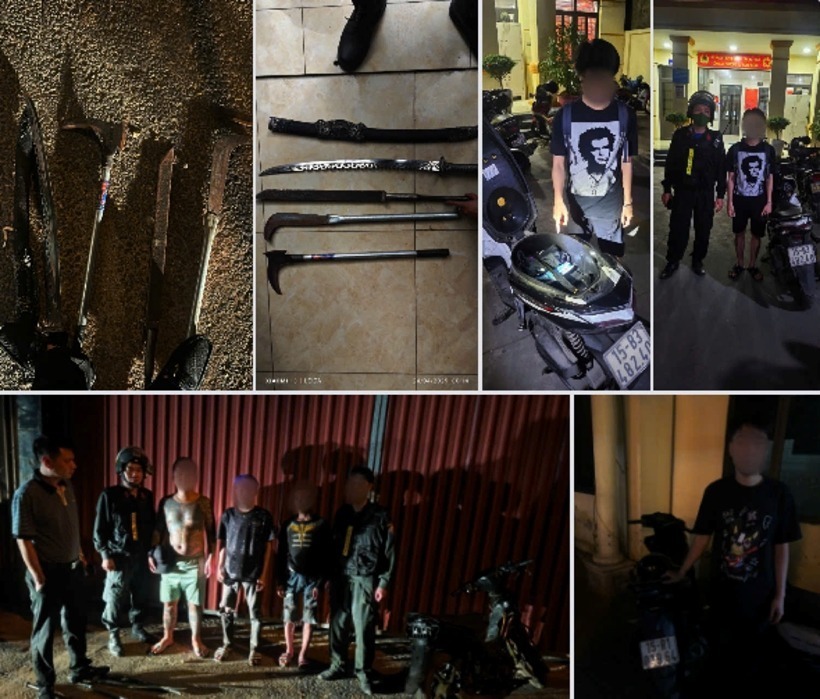 Lực lượng chức năng thu giữ dao, kiếm của các đối tượng trong đêm. Ảnh: Báo Lao Động.