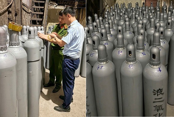 Lực lượng chức năng kiểm tra, phát hiện 3.025kg khí nghi là "khí cười" N2O, được chứa trong 190 chai kim loại. Ảnh: Sức khỏe và Đời sống