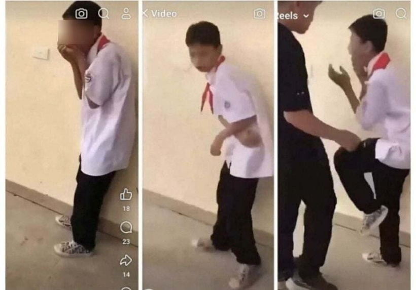 Nam sinh lớp 6 bị bạn đánh ngay trong trường. Ảnh cắt từ clip: Dân Việt