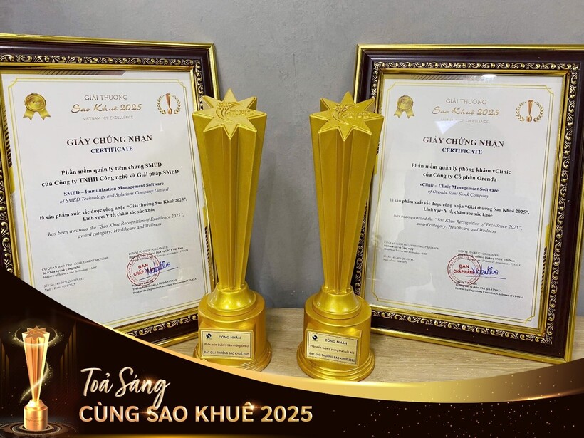SMED và vClinic của Orenda được vinh danh tại Lễ trao giải Sao Khuê 2025, hạng mục Y tế và Chăm sóc sức khỏe.