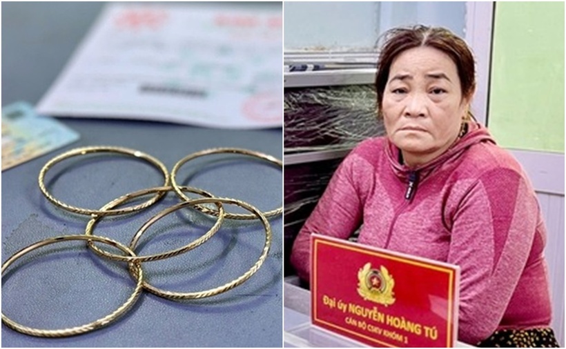 Đối tượng Võ Thị Quyên tại Công an phường Mỹ Long cùng với tang vật bị bắt giữ. (Ảnh: Người lao động)