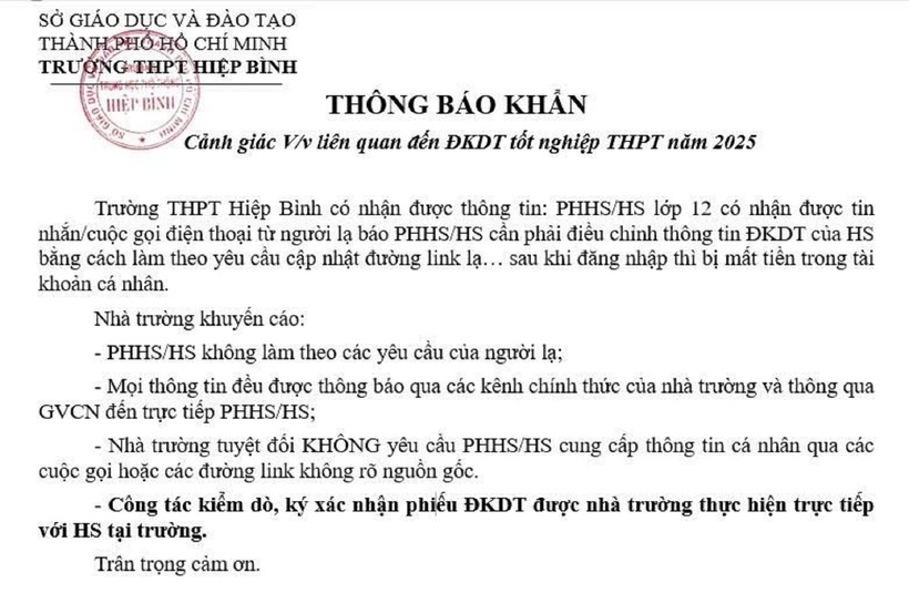 Trường THPT Hiệp Bình ra thông báo khẩn. Ảnh: Giáo dục & Đào tạo