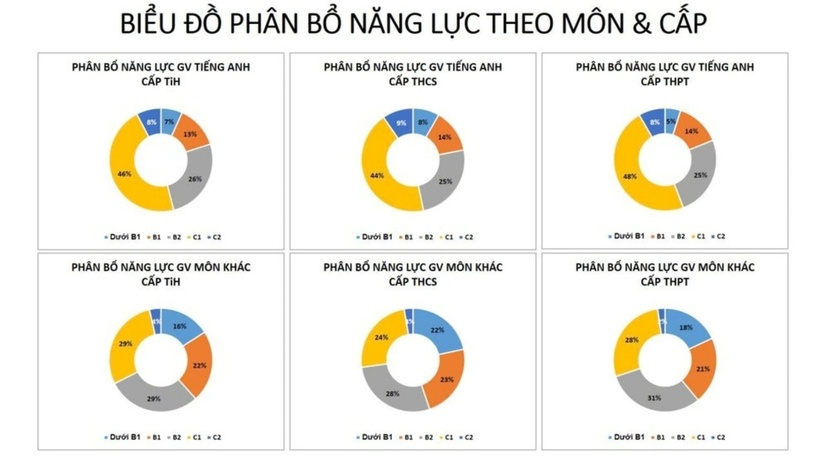 Biểu đồ phân bổ năng lực tiếng Anh của giáo viên ở TP.HCM theo môn và cấp học. Ảnh: Sở GD&ĐT TP.HCM/ Dân Trí