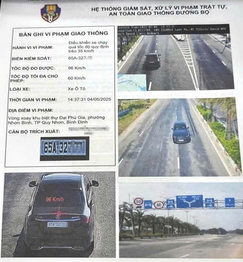 Ô tô BS 65A - 327... chạy quá tốc độ cho phép 96 km/giờ (tốc độ cho phép là 60km/giờ) tại Bình Định. (Ảnh: Công an tỉnh Bình Định)