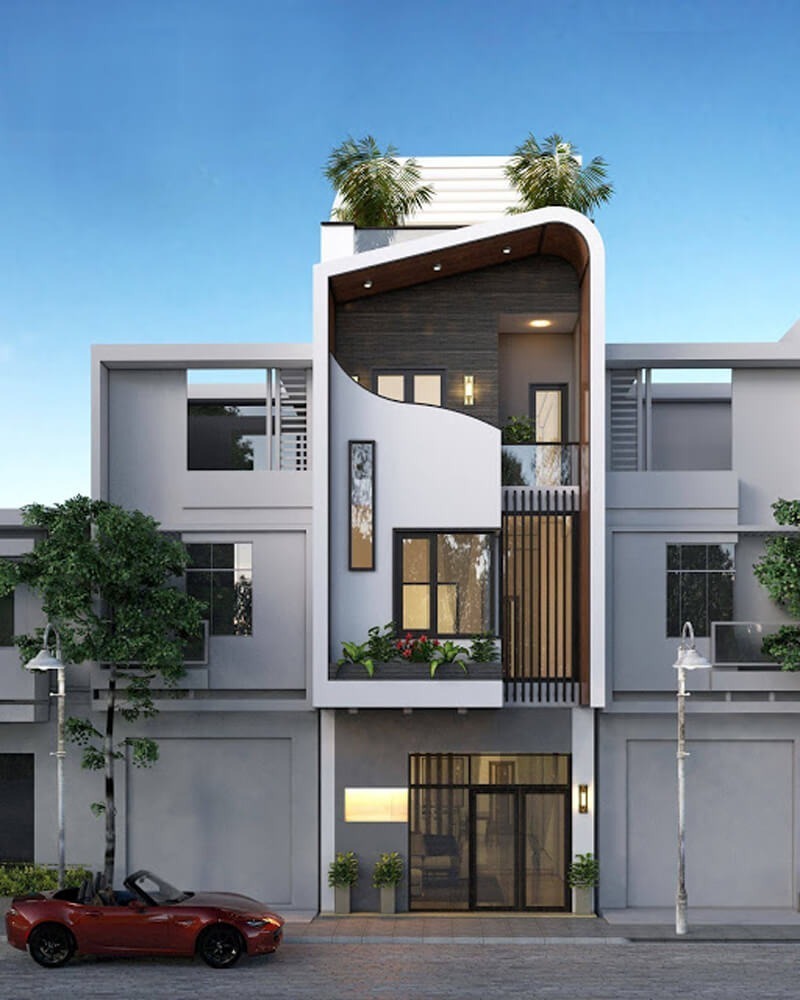 Mẫu nhà phố lệch tầng 3 tầng này sở hữu thiết kế hiện đại với mặt tiền được ốp gạch màu trắng sang trọng.