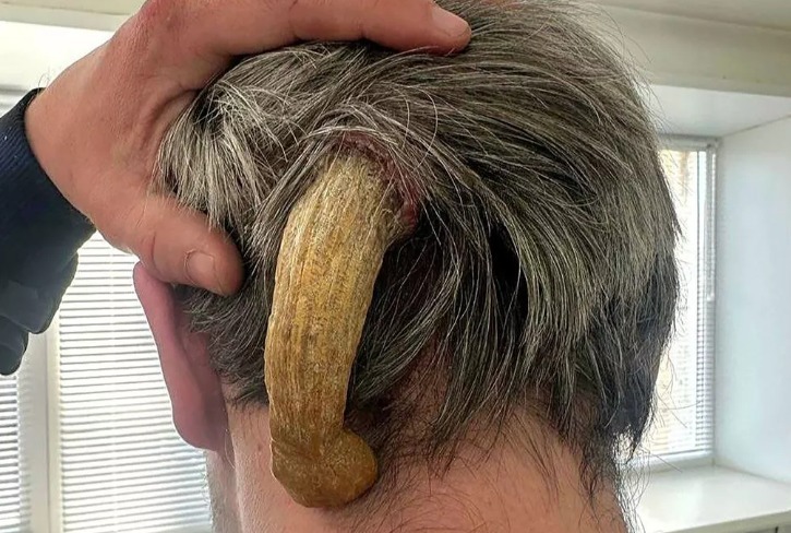 Chiếc sừng dài 12cm sau đầu người đàn ông. Ảnh: Mirror