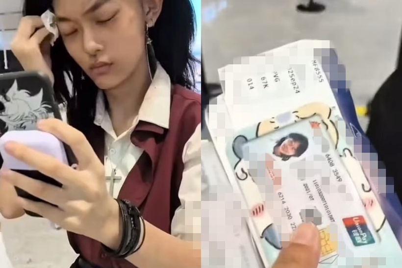 Cô gái đứng ở sân bay tẩy sạch các lớp mỹ phẩm trên mặt. Ảnh: 8days.