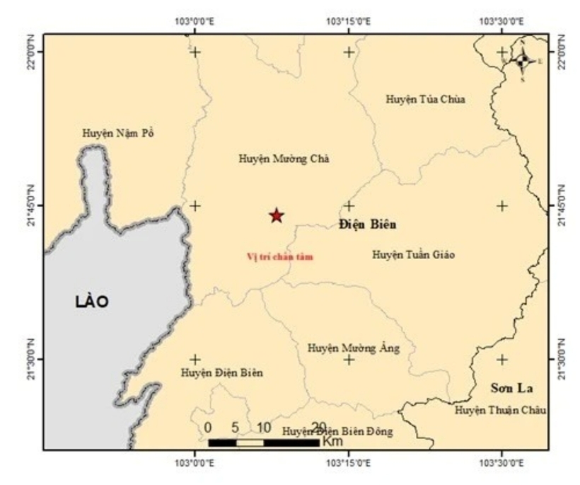 Huyện Mường Chà (tỉnh Điện Biên) liên tiếp xảy ra 2 trận động đất trong ngày 16/5. Ảnh: Trung tâm Báo tin động đất và cảnh báo sóng thần/ TTXVN