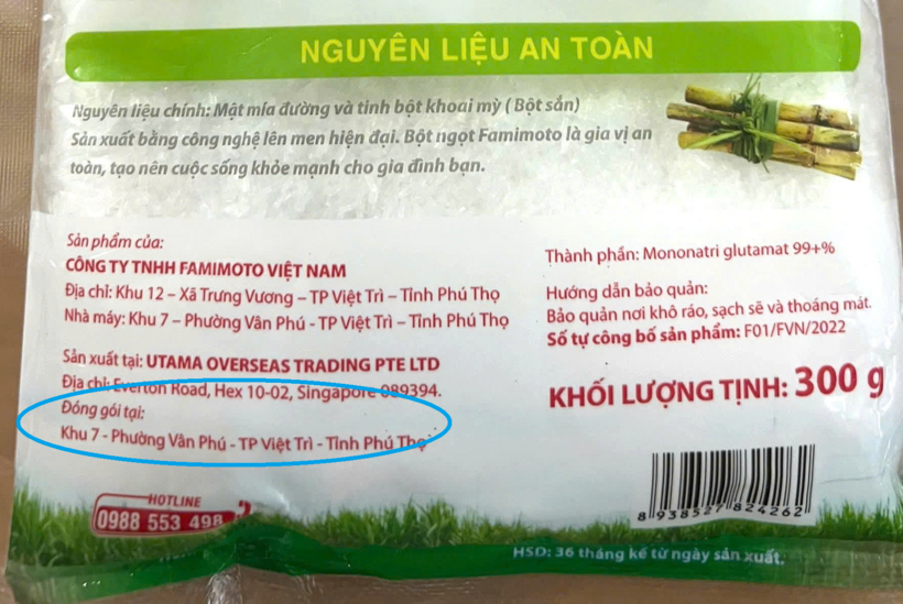 Mì chính san chia, đóng gói lại thường thể hiện cụm từ Đóng gói tại, hoặc Cơ sở đóng gói, hoặc Phối trộn tại, hoặc Hoàn tất tại, trên bao bì.