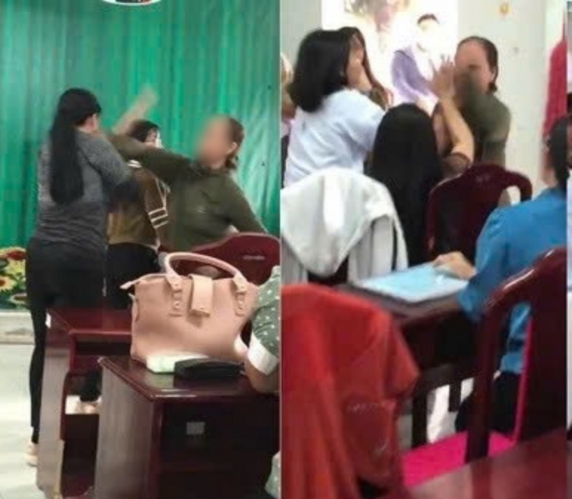 Người nhà nữ giáo viên N.T.T.L đánh giáo viên khác ngay tại phòng họp. Ảnh: Người Lao Động
