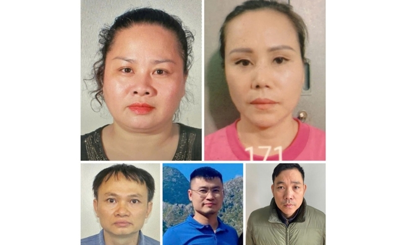 5 bị can bị đề nghị truy tố gồm Hà Thị Mai Hoa, Lê Thị Nga (hàng trên, từ trái sang phải); Lê Minh Sơn, Hiếu Đông Anh và Hiếu Thái Nguyên (từ trái sang phải, hàng dưới). Ảnh: Báo Bắc Giang