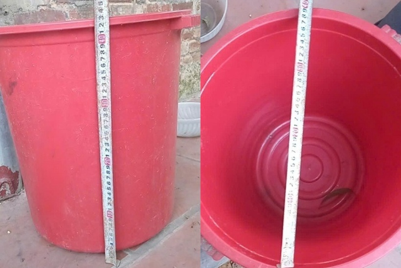 Chiếc xô đựng nước thải điều hòa, cao khoảng 40 - 45cm, miệng rộng 40cm, bên trong có chứa khoảng 10 - 15cm nước. Ảnh: BVCC.