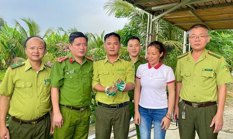 Người dân giao nộp cá thể cu li cho cơ quan chức năng. Ảnh: Tiền phong