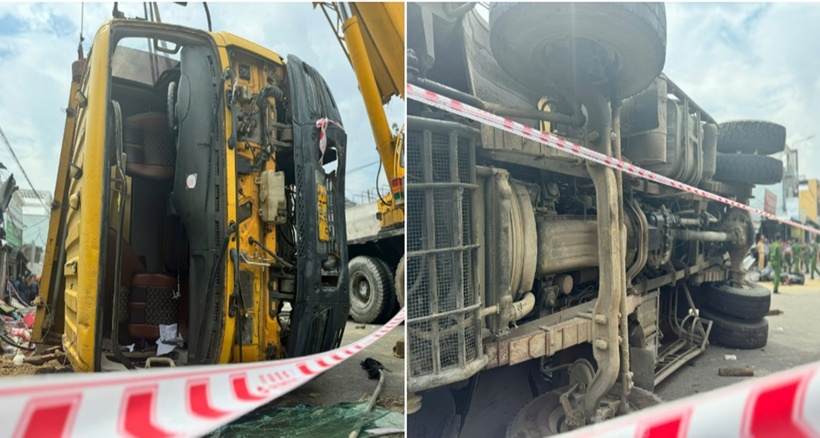 Chiếc xe tải bị lật nghiêng. Ảnh: Tiền phong